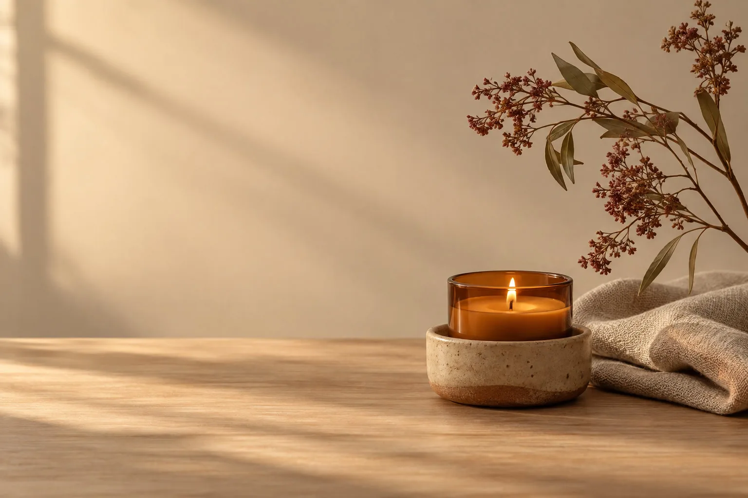 Composição conceitual com vela, cerâmica e linho em luz quente